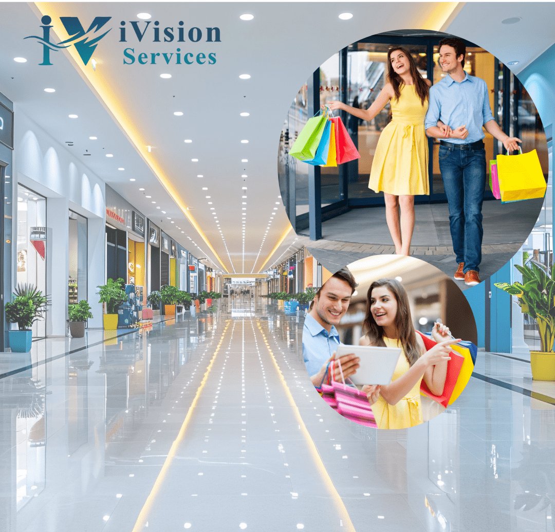"Shop the Best Brands at iVision Services with happy customers enjoying modern mall shopping and stylish experiences."